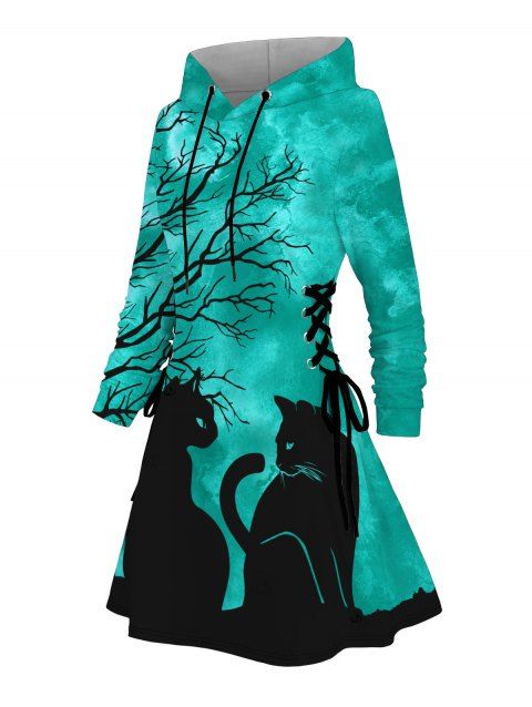 Halloween Hoodie Dress Cat Tree Branches Print Lace Up Drawstrings Mini Dress