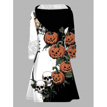 Halloween Hoodie Dress Colorblock Skull Pumpkin Print Lace Up Gothic Dress