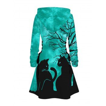 Halloween Hoodie Dress Cat Tree Branches Print Lace Up Drawstrings Mini Dress