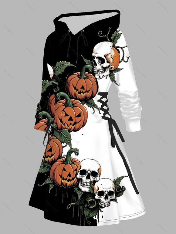 Robe à capuche d'Halloween à imprimé citrouille et tête de mort, style gothique à lacets - Noir XXXXXL | US 20