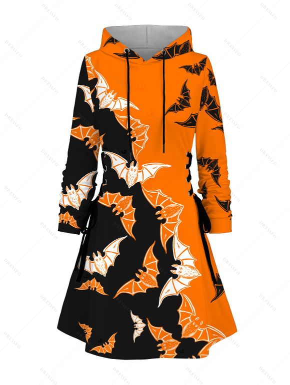 Robe à capuche d'Halloween à imprimé chauve-souris contrasté, mini-robe à lacets et cordons de serrage - Orange XXXXL | US 18