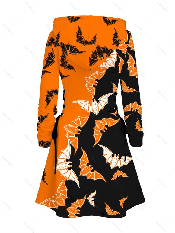 Robe à capuche d'Halloween à imprimé chauve-souris contrasté, mini-robe à lacets et cordons de serrage - Orange XXXXL | US 18