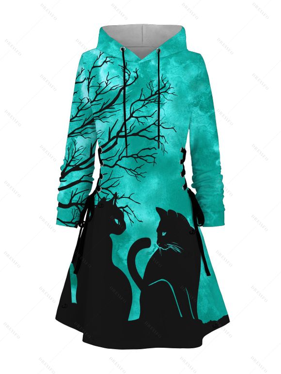Robe à capuche d'Halloween avec imprimé branches d'arbre à chat et cordons de serrage - Émeraude XL | US 12