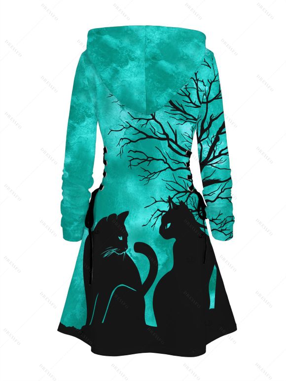 Robe à capuche d'Halloween avec imprimé branches d'arbre à chat et cordons de serrage - Émeraude XL | US 12