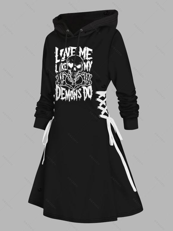 Robe à capuche gothique d'Halloween avec imprimé tête de mort et cordons de serrage - Noir M | US 6