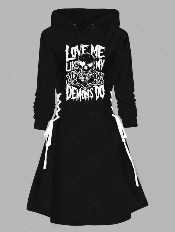 Robe à capuche gothique d'Halloween avec imprimé tête de mort et cordons de serrage - Noir S | US 4
