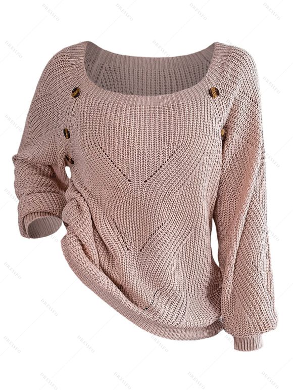 Pull en tricot de couleur unie à col carré et manches lanternes à faux boutons - Rose clair M | US 6