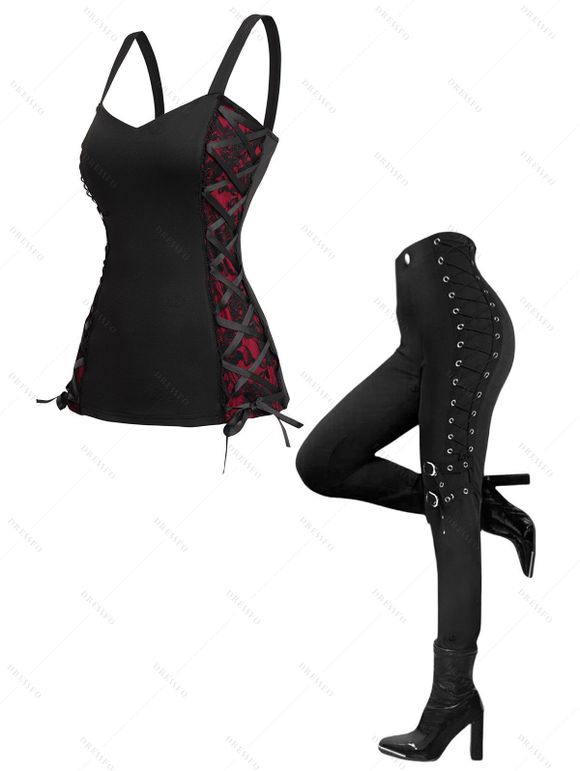 Women Outfit Bandage Women Corset Tank Top and Grommet Pants Set - Noir S | US 4