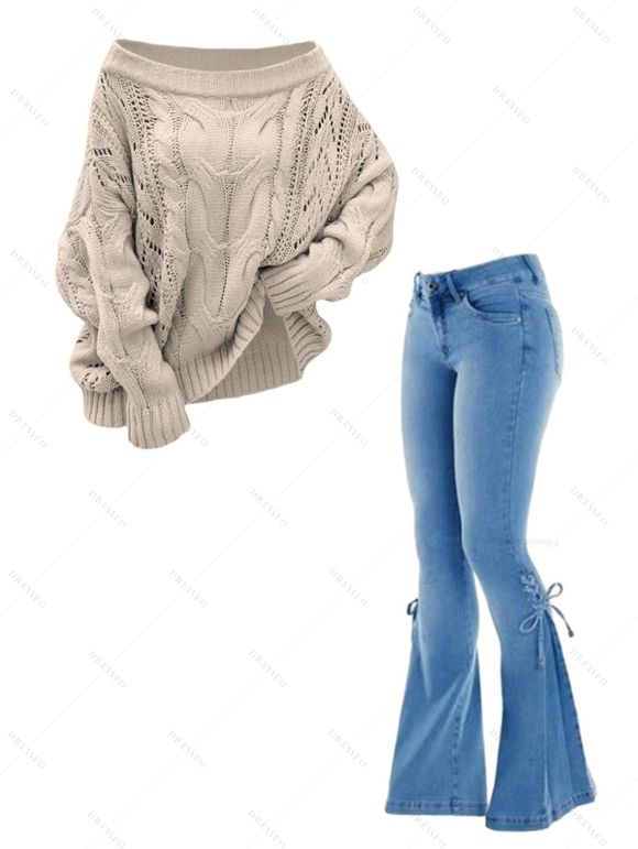 Women Outfit Cable Knit Off the Shoulder Sweater and Demin Flare Jeans Set - café lumière S | US 4