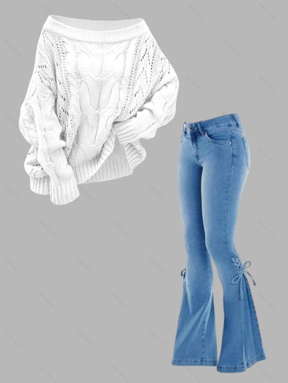 Women Outfit Cable Knit Off the Shoulder Sweater and Demin Flare Jeans Set - Blanc S | US 4