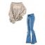 Women Outfit Cable Knit Off the Shoulder Sweater and Demin Flare Jeans Set - Blanc S | US 4