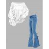 Women Outfit Cable Knit Off the Shoulder Sweater and Demin Flare Jeans Set - Blanc S | US 4