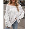 Women Outfit Cable Knit Off the Shoulder Sweater and Demin Flare Jeans Set - Blanc S | US 4