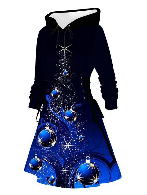 Christmas Hoodie Dress Shiny Star Geometric Print Lace Up Drawstrings Dress