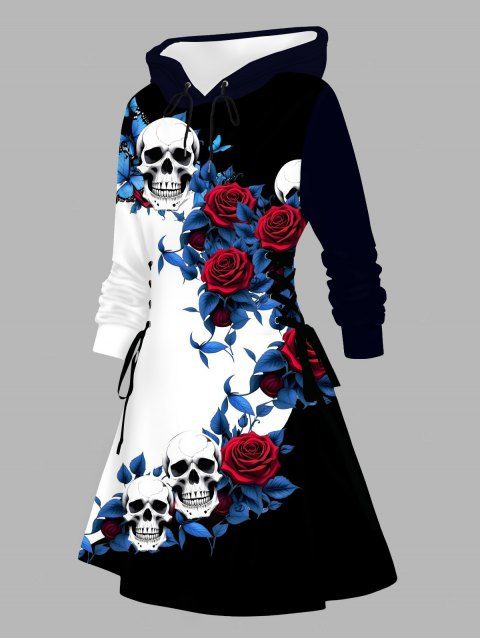 Robe à capuche gothique d'Halloween à lacets, imprimé tête de mort, rose et feuilles