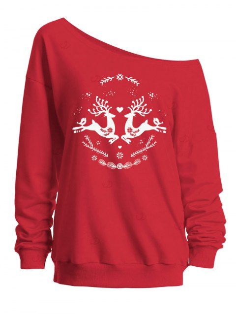 Sweat-shirt de Noël à col incliné, imprimé élan, flocon de neige et cœur