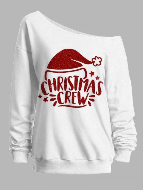 Sweat-shirt à manches longues et col incliné avec imprimé lettres et étoiles, chapeau de Noël