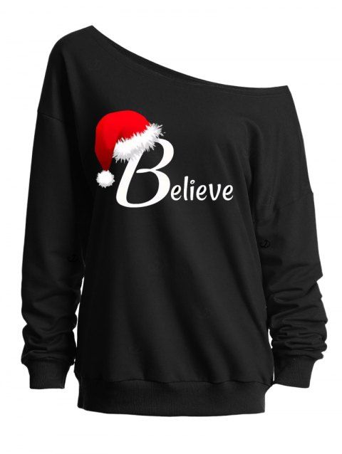 Sweat-shirt de Noël à col incliné avec imprimé lettres et chapeau de Père Noël