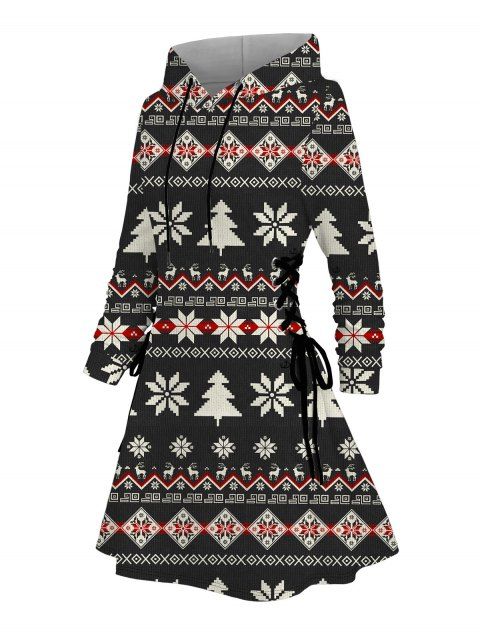Robe à capuche à imprimé géométrique et flocons de neige, motif sapin de Noël, robe ethnique à lacets