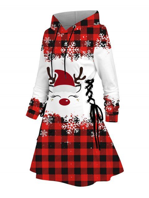Robe à capuche de Noël à carreaux, imprimé élan et flocon de neige, robe à capuche à lacets