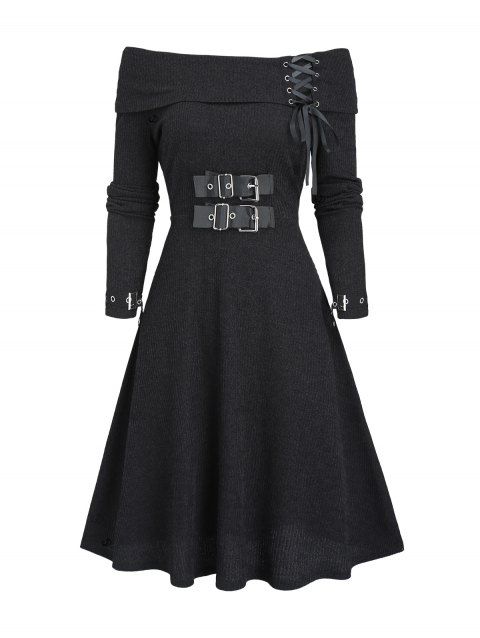 Robe tricotée à lacets de couleur unie, robe à manches longues avec boucle