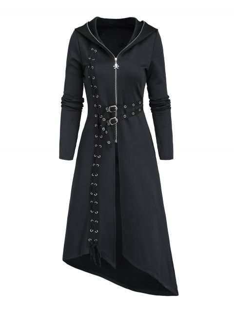 Manteau gothique à capuche de couleur unie, avec œillets, lacets, boucle, fermeture éclair, manteau asymétrique