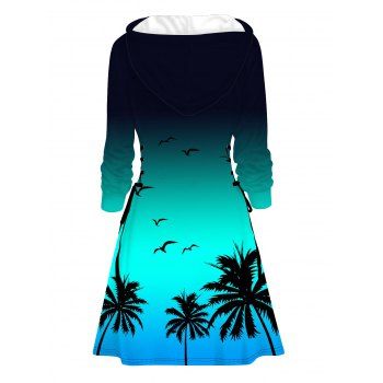 Vacation Hoodie Dress Ombre Coconut Tree Print Lace Up Drawstrings Mini Dress