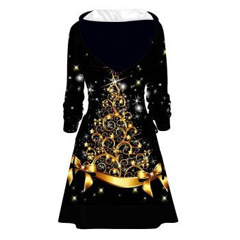 Christmas Tree Bowknot Star Print Hoodie Dress Lace Up Drawstrings Mini Dress
