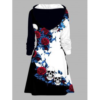 Halloween Gothic Hoodie Dress Contrast Color Skulls Rose Leaf Print Lace Up Dress