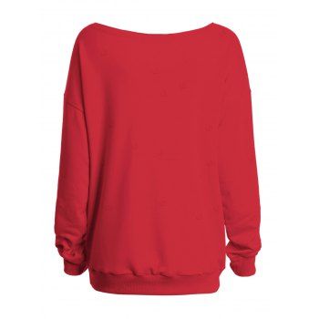 Christmas Sweatshirt Cartoon Elk Letter Snowflake Print Skew Neck Sweatshirt