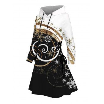 Christmas Hoodie Dress Colorblock Snowflake Print Lace Up Hooded Dress