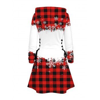 Christmas Hoodie Dress Plaid Elk Snowflake Print Lace Up Hooded Dress