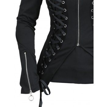 Gothic Top Solid Color Lace Up Zip Square Neck Top