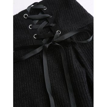 Solid Color Knitted Lace Up Dress Buckle Long Sleeve Dress