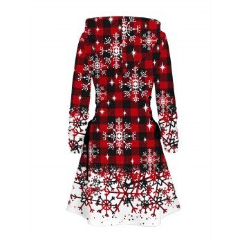 Christmas Hoodie Dress Plaid Snowflake Print Lace Up Hooded Dress