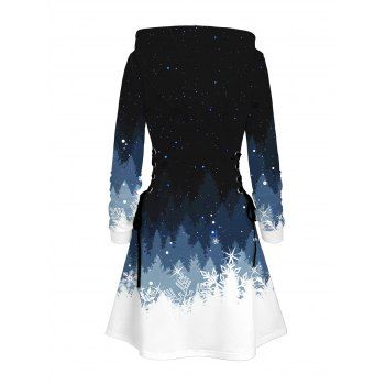 Christmas Hoodie Dress Colorblock Snowflake Lace Up Hooded Dress