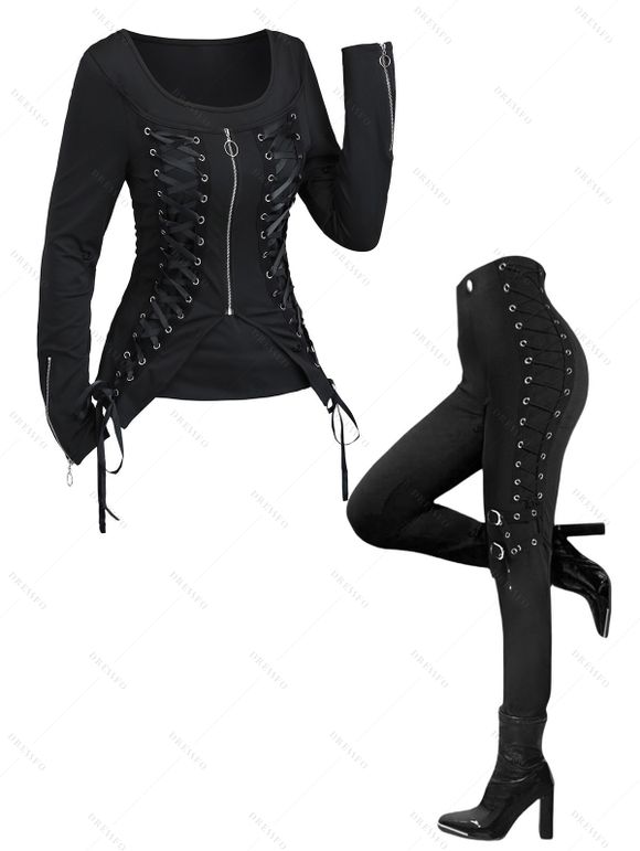 Gothic Women Outfit Lace Up Zip Square Neck Top and Grommet Pants Set - Noir S | US 4