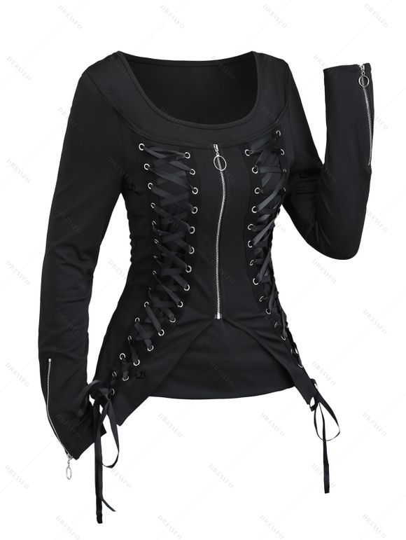 Gothic Women Outfit Lace Up Zip Square Neck Top and Grommet Leggings Set - Noir S | US 4