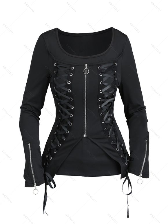 Gothic Women Outfit Lace Up Zip Square Neck Top and Grommet Leggings Set - Noir S | US 4