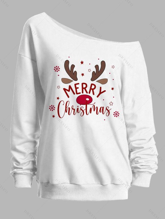 Sweat-shirt de Noël à col incliné avec imprimé lettres et flocons de neige - Blanc S | US 4