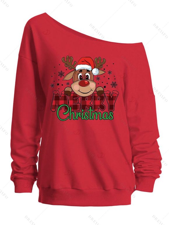 Sweat-shirt de Noël à col incliné avec imprimé dessin animé, élan, lettres et flocons de neige - Rouge M | US 6