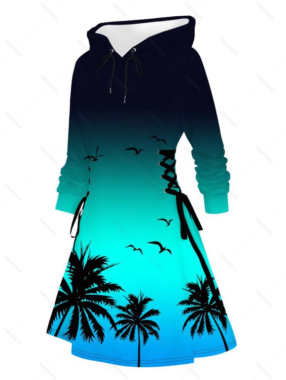 Robe de vacances à capuche, imprimé cocotier ombré, mini-robe à lacets et cordons de serrage - Pers M | US 6