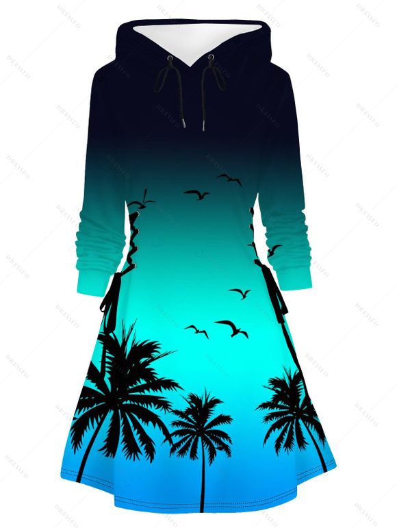 Robe de vacances à capuche, imprimé cocotier ombré, mini-robe à lacets et cordons de serrage - Pers XXXXL | US 18