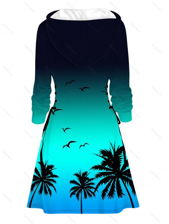 Robe de vacances à capuche, imprimé cocotier ombré, mini-robe à lacets et cordons de serrage - Pers XXXXL | US 18