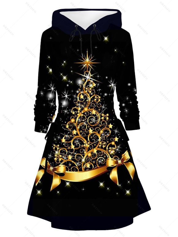 Robe à capuche imprimée sapin de Noël, nœud papillon, étoile, mini-robe à lacets et cordons de serrage - Noir XL | US 12