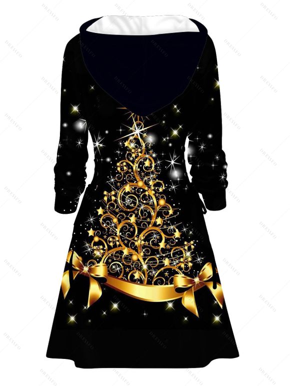 Robe à capuche imprimée sapin de Noël, nœud papillon, étoile, mini-robe à lacets et cordons de serrage - Noir XL | US 12