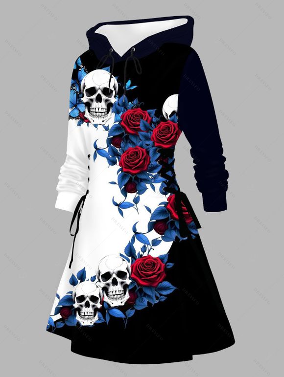 Robe à capuche gothique d'Halloween à lacets, imprimé tête de mort, rose et feuilles - Noir XXXXXL | US 20