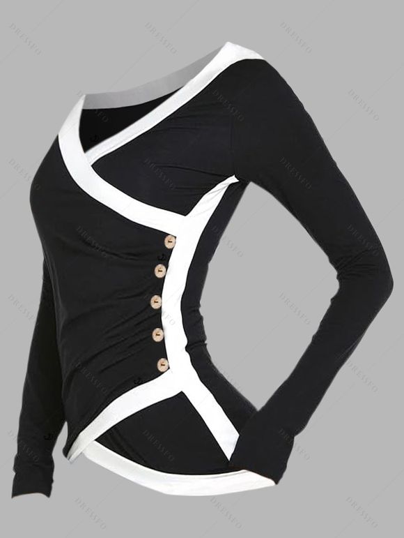 Haut colorblock à col en V et manches longues à ourlet superposé et boutons factices - Noir XXL | US 14