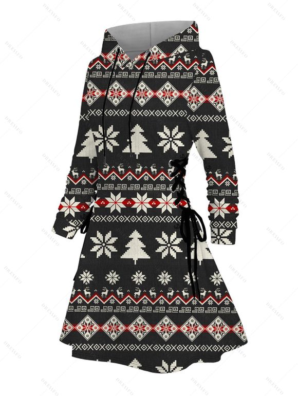Robe à capuche à imprimé géométrique et flocons de neige, motif sapin de Noël, robe ethnique à lacets - Noir M | US 6