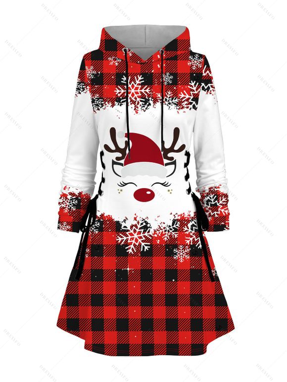 Robe à capuche de Noël à carreaux, imprimé élan et flocon de neige, robe à capuche à lacets - Rouge XXL | US 14